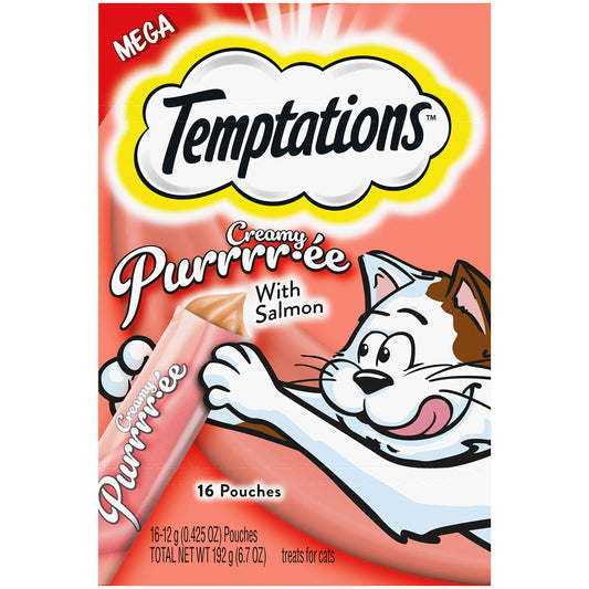 Temptations Creamy Puree with Salmon Lickable Squeezable Cat Treats 0.42 Oz Pouches 16 Count