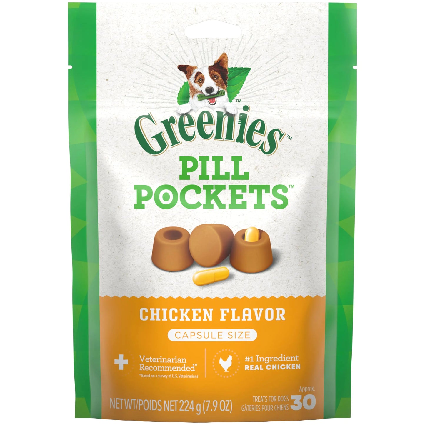 GREENIES PILL POCKETS for Dogs Capsule Size Natural Soft Dog Treats Chicken Flavor 7.9 oz. Pack (30 Treats)