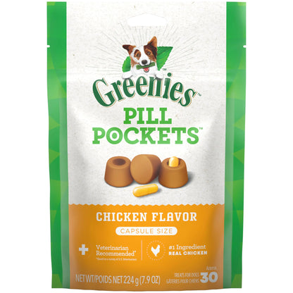 GREENIES PILL POCKETS for Dogs Capsule Size Natural Soft Dog Treats Chicken Flavor 7.9 oz. Pack (30 Treats)